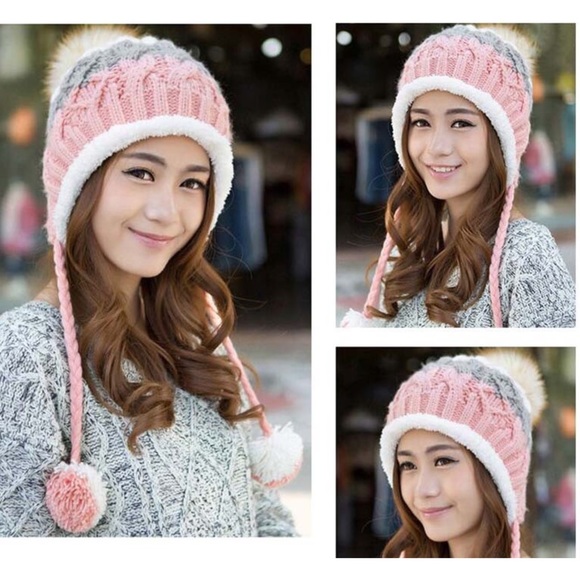 Accessories - Pink & Grey Beanie w/ Pom Poms Lined w/ Fleece